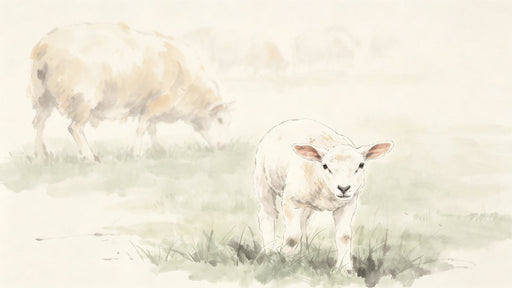 Watercolor mural of a sheep and lamb grazing in a misty, soft-toned meadow with cream and sage green washes.