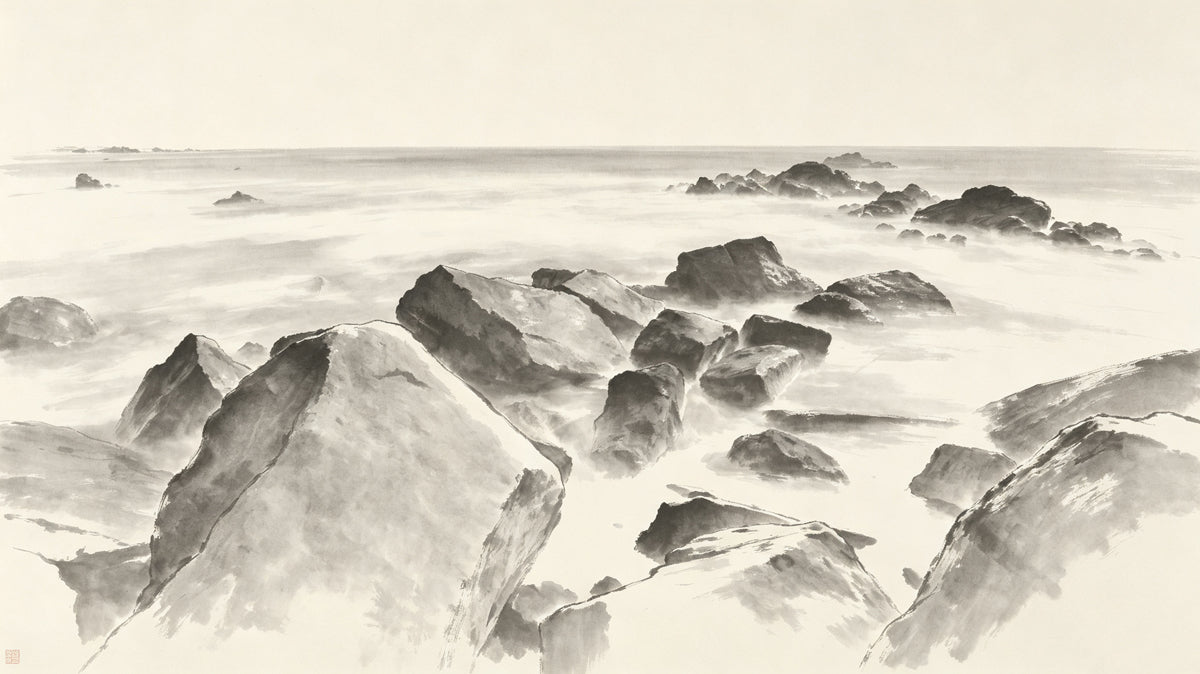 Monochrome ink wash mural depicting jagged coastal rocks emerging from a thick, ethereal sea fog