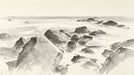 Monochrome ink wash mural depicting jagged coastal rocks emerging from a thick, ethereal sea fog