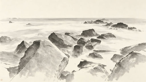 Monochrome ink wash mural depicting jagged coastal rocks emerging from a thick, ethereal sea fog