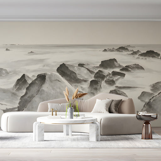 Home office featuring a moody ink wash landscape mural behind a wooden desk