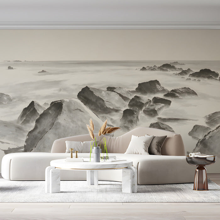 Home office featuring a moody ink wash landscape mural behind a wooden desk