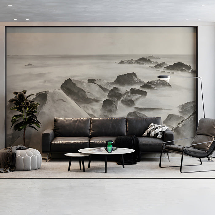 Living room interior featuring an ink wash coastal mural on the main feature wall