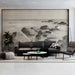 Living room interior featuring an ink wash coastal mural on the main feature wall