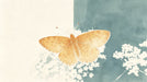 Watercolor butterfly in ochre perched on white wildflowers against a split-tone cream and muted teal background