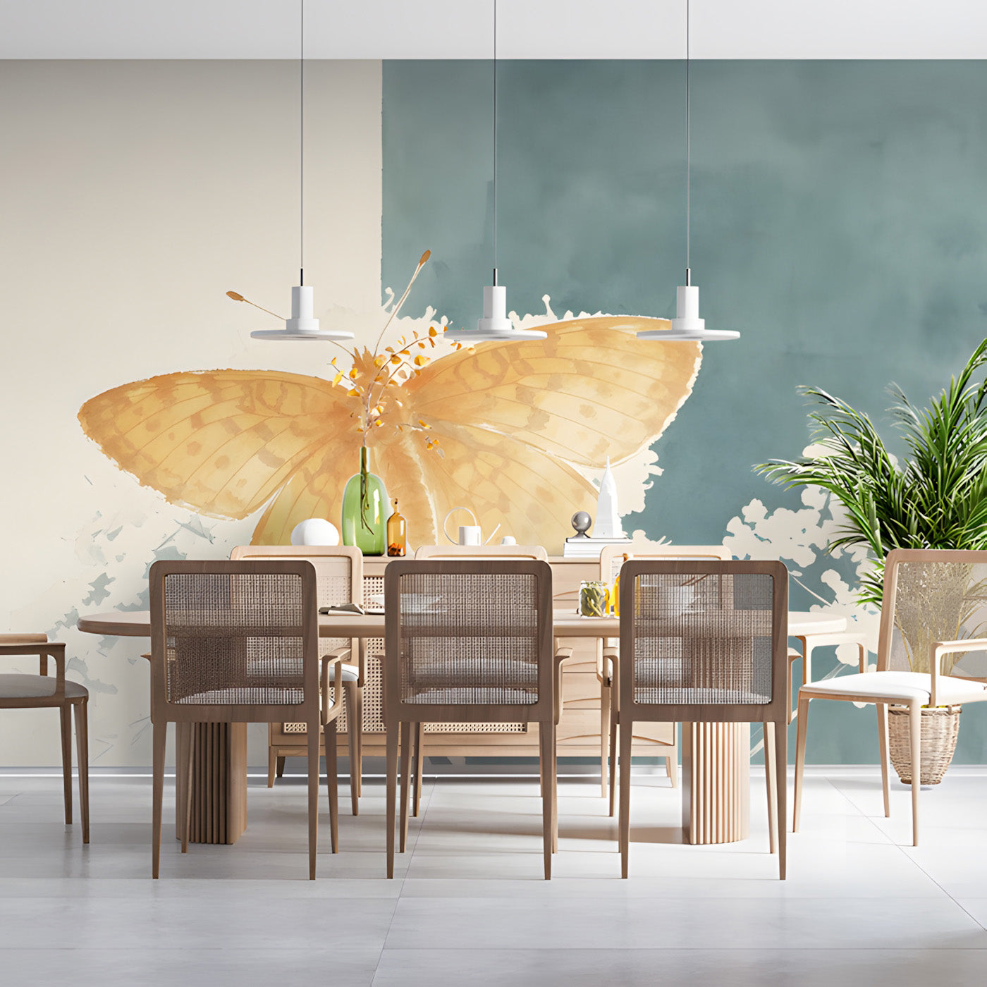 Golden Butterfly and Wildflower Mural Wallpaper