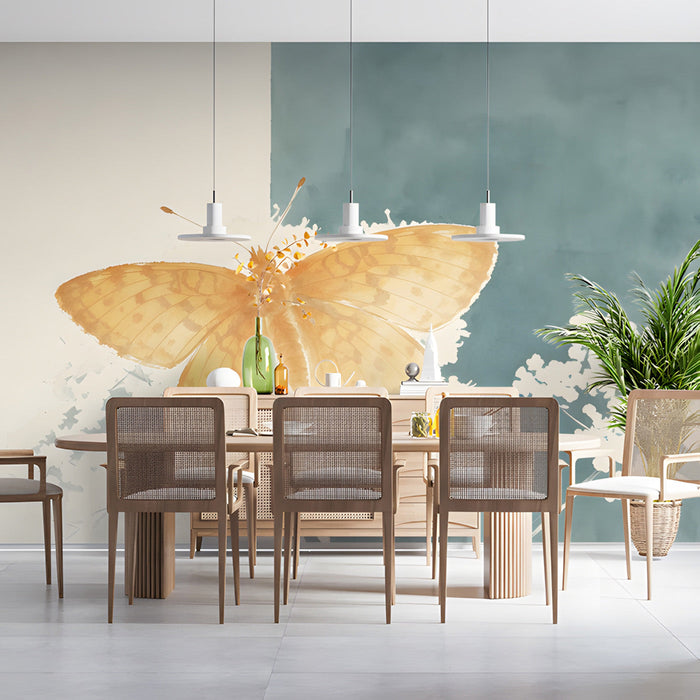 Close-up of a butterfly mural in a cozy bedroom with linen dining room and light wood furniture