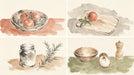 Watercolor food and herb kitchen wallpaper with tomatoes rosemary and bowls on cream background
