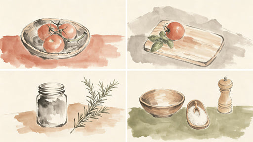 Watercolor food and herb kitchen wallpaper with tomatoes rosemary and bowls on cream background