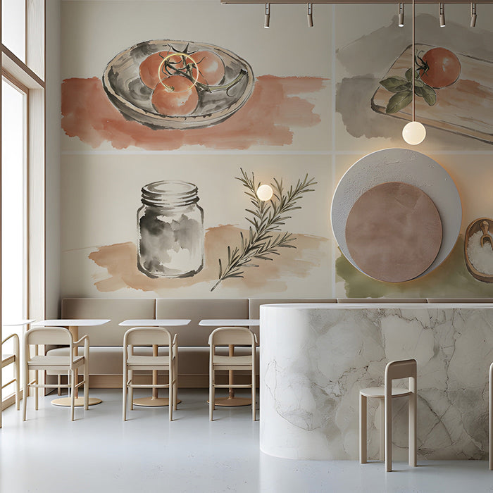 Cafe wall mural featuring watercolor food motifs in a bright farmhouse dining room