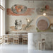 Cafe wall mural featuring watercolor food motifs in a bright farmhouse dining room