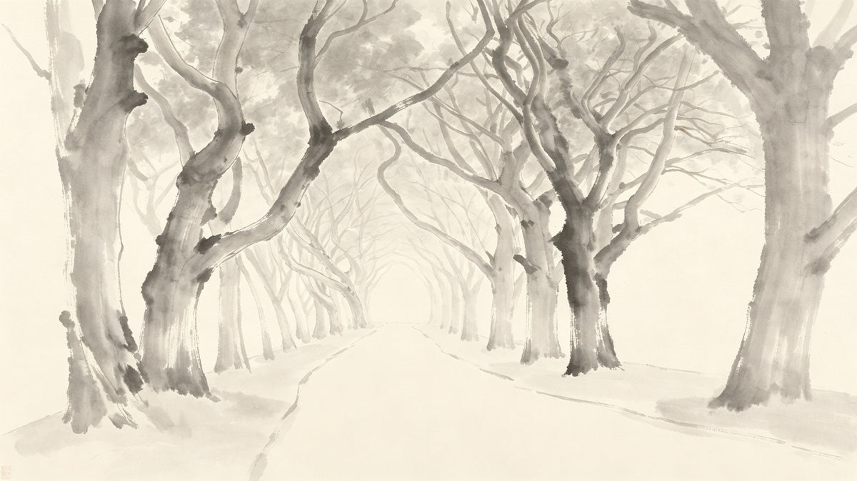 Sumi-e style ink wash wallpaper mural featuring a misty forest path with charcoal tree trunks.