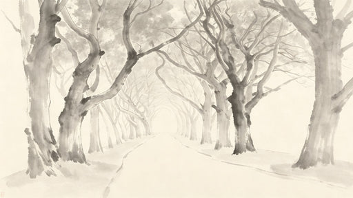 Sumi-e style ink wash wallpaper mural featuring a misty forest path with charcoal tree trunks.