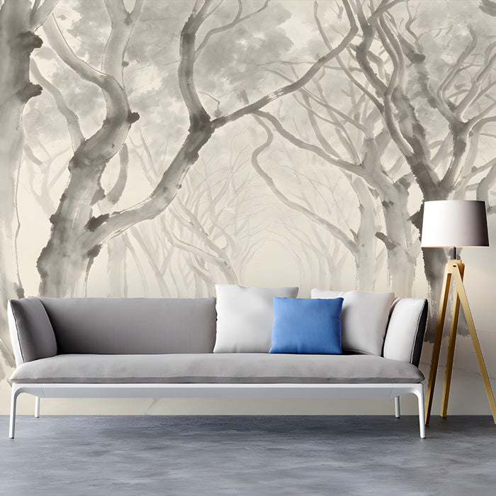 Atmospheric tree-lined path mural in a bright, airy study with linen sofa.