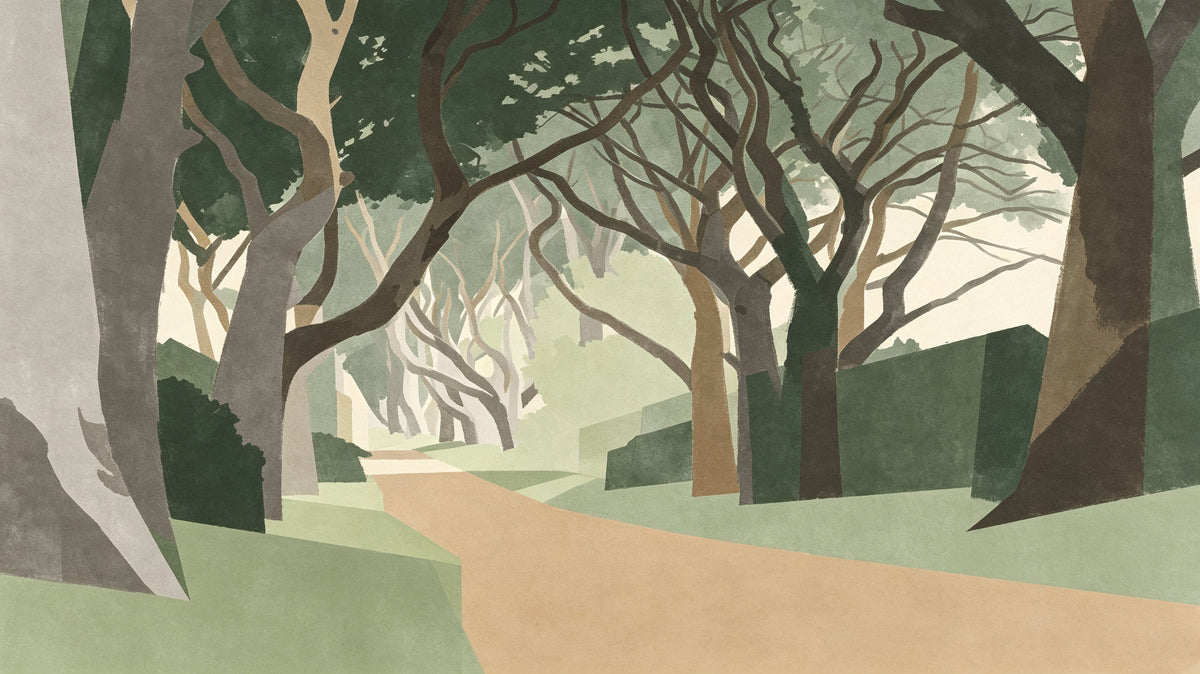 Abstract tree-lined path mural with sage and forest green foliage and sandy ochre walkway