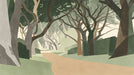 Abstract tree-lined path mural with sage and forest green foliage and sandy ochre walkway