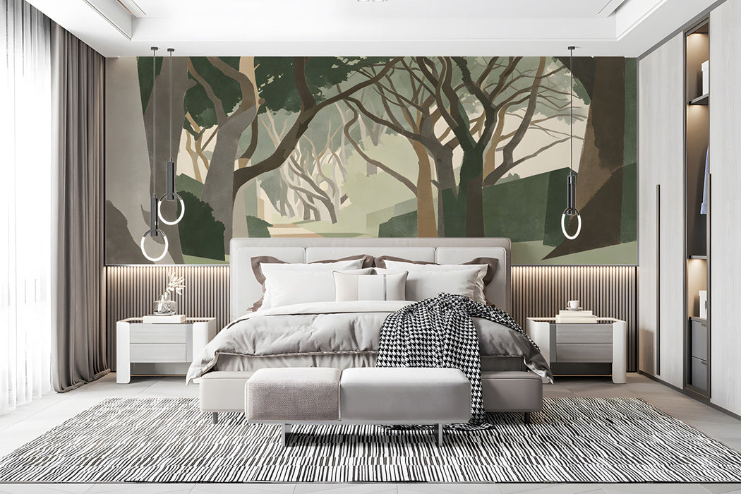 Bed room interior with a serene tree-lined lane mural on a long feature wall
