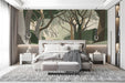 Bed room interior with a serene tree-lined lane mural on a long feature wall