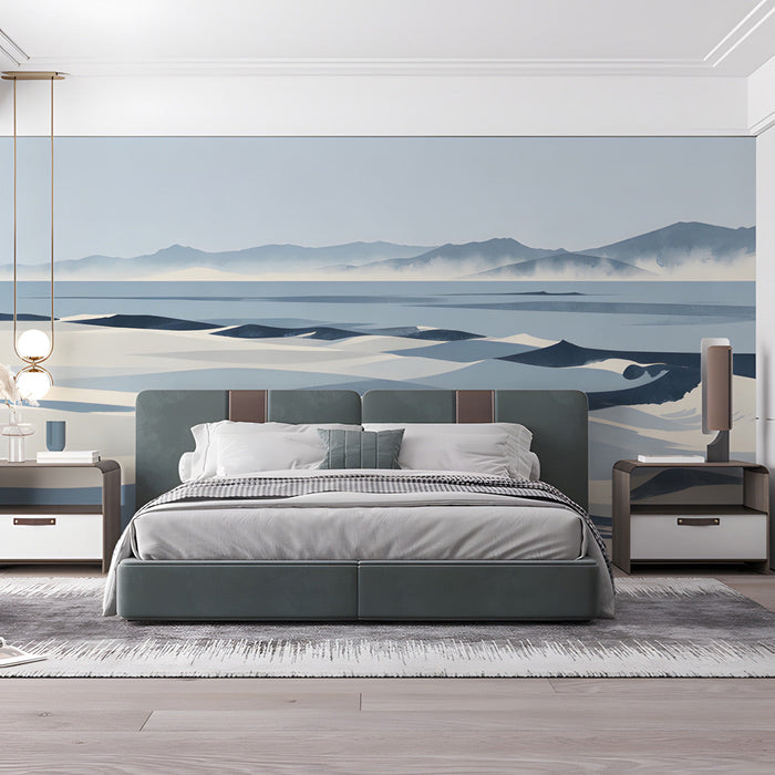 The coastal mural installed in a light-filled bedroom with a linen bed and wooden bedside tables.