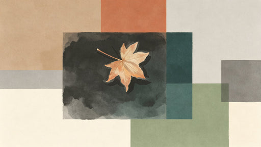 Abstract wallpaper pattern with a watercolor autumn leaf on a dark charcoal block surrounded by geometric rectangles of ochre, sage, and gray.