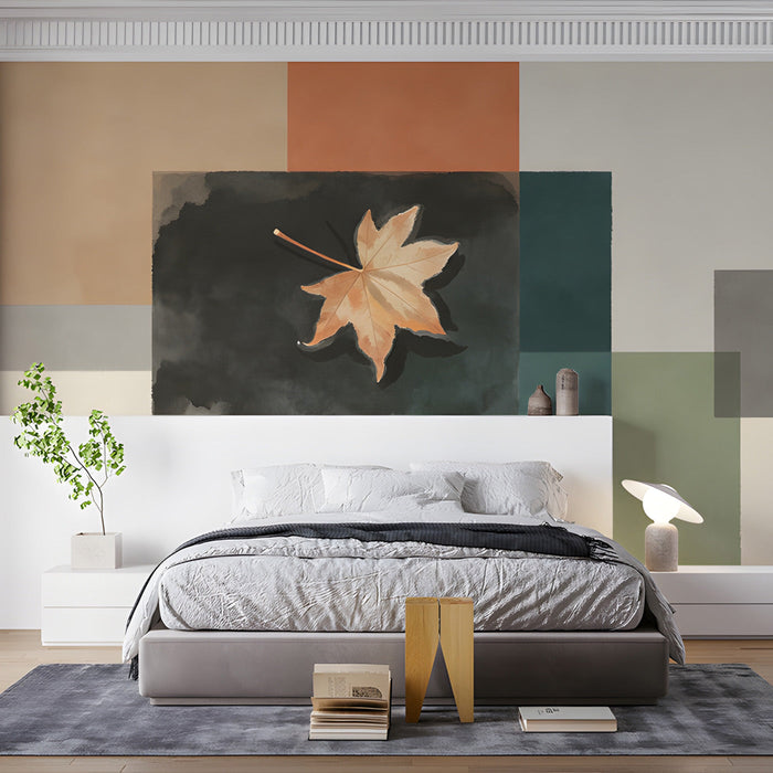 Contemporary bedroom wall with an autumnal color block mural providing a sophisticated backdrop for a sleek table.