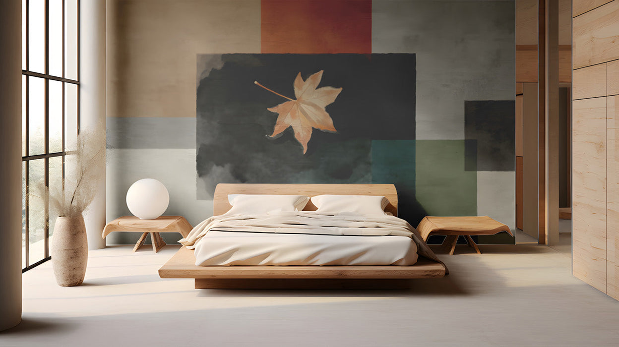 Modern bedroom featuring an abstract leaf geometric mural behind a low-profile sofa with walnut accents.