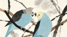 Budgerigar birds perched on ink-washed branches in soft blue, yellow, and charcoal on off-white.