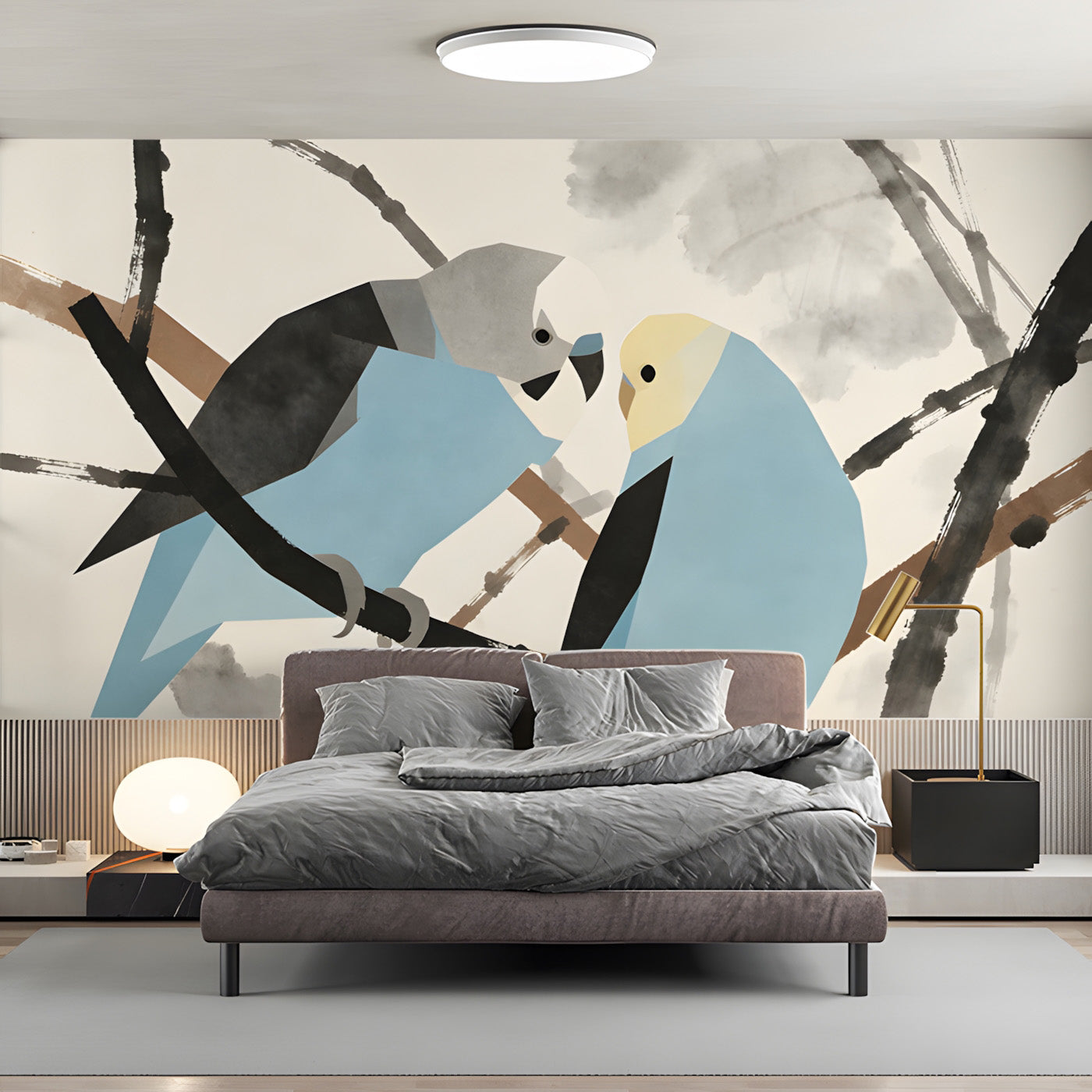 Budgerigar Bird Mural Wallpaper | Japanese Ink Style Wall Art