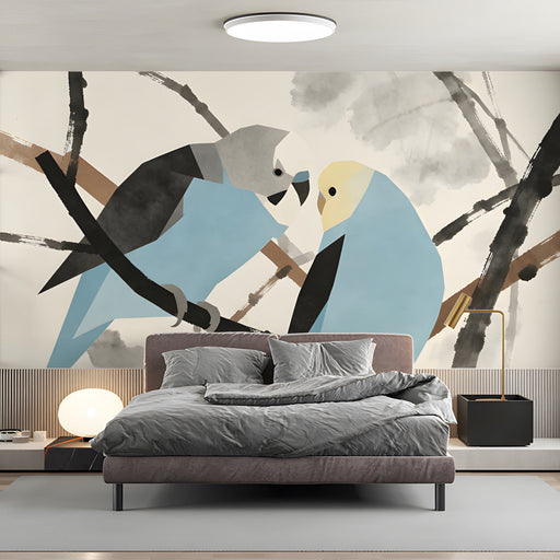 Small library space featuring an artistic bird mural as a focal point for a reading chair.