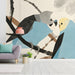 Modern bedroom featuring a budgerigar bird wall mural behind a minimalist wooden bed frame.
