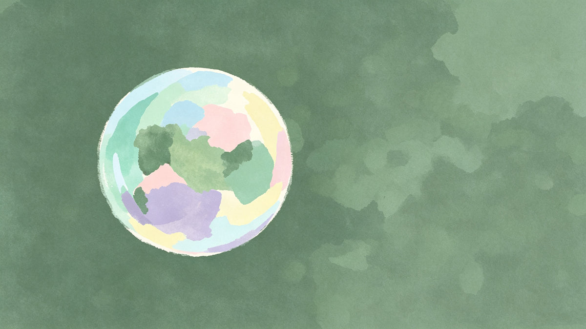 Abstract wallpaper featuring a watercolor sphere in pastel colors against a sage green background.
