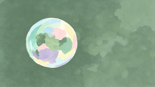 Abstract wallpaper featuring a watercolor sphere in pastel colors against a sage green background.