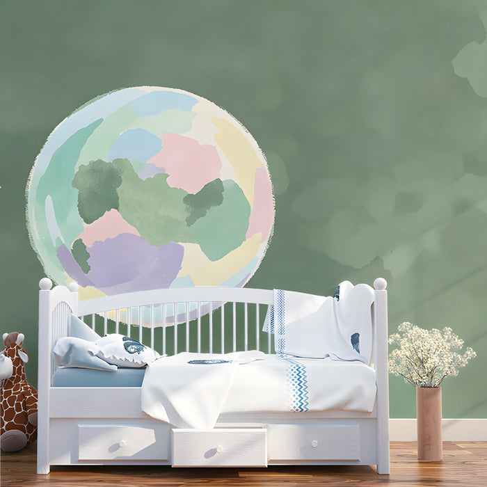 Bedroom with a comfortable armchair and the abstract sphere mural on the wall.