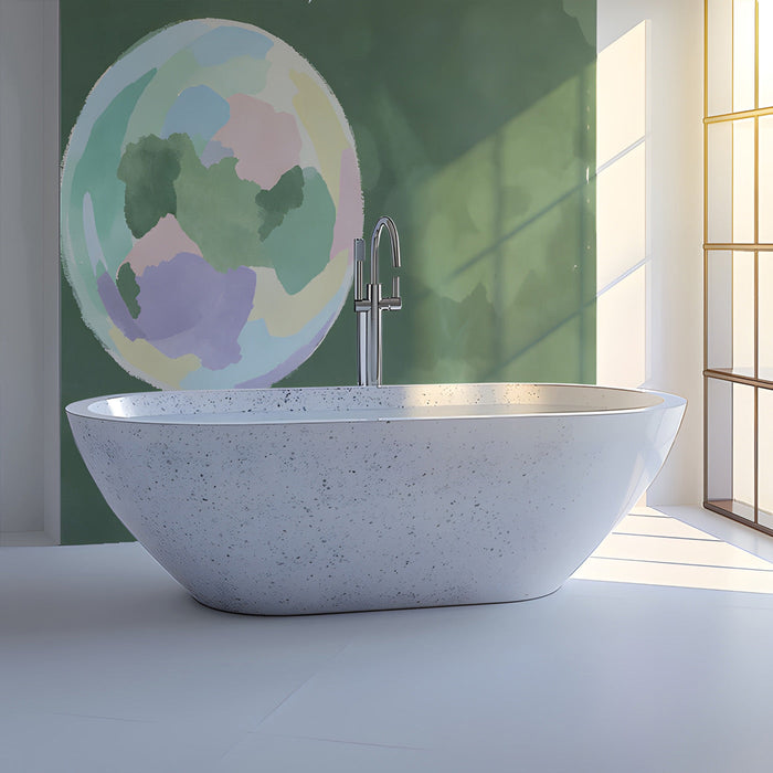 A cozy bathroom featuring the watercolor sphere mural with cream wood furniture.