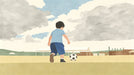 Watercolor mural of a boy kicking a soccer ball on a field with soft gray clouds in the sky