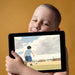 Boy's playroom wall featuring a scenic soccer mural with soft blue and ochre tones
