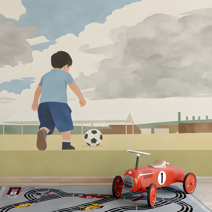 Nursery room wall mural featuring a peaceful soccer field and sky landscape design
