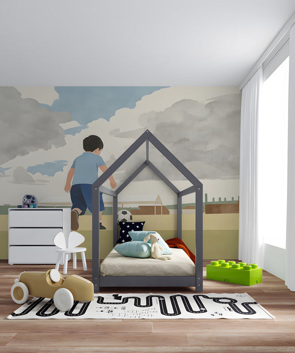 Close up of soccer mural installed in a boy's bedroom with modern wooden furniture