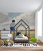Close up of soccer mural installed in a boy's bedroom with modern wooden furniture
