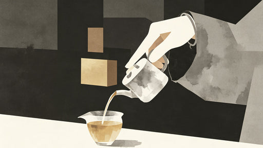 Abstract illustration of a hand pouring tea with charcoal and ochre watercolor elements