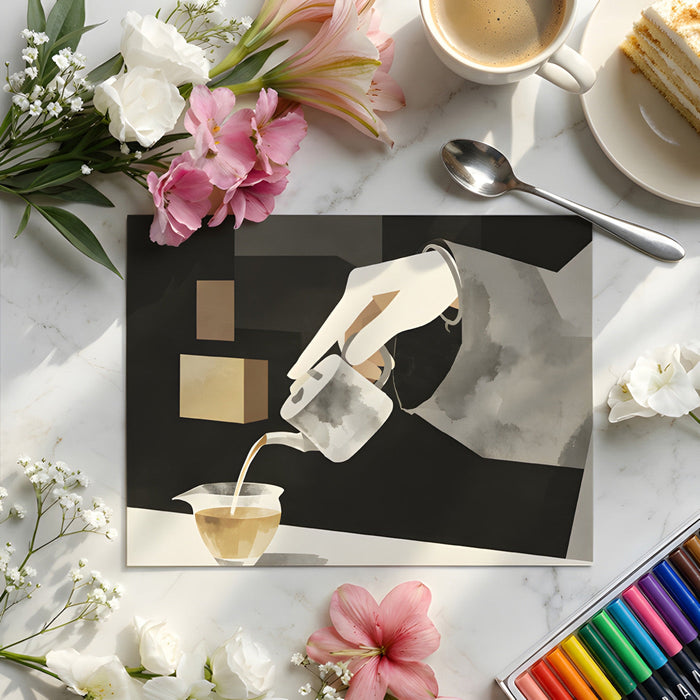 Calm minimalist home office with abstract tea ceremony wall mural