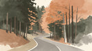 Painterly autumn forest landscape featuring a winding gray road, copper leaves, and deep forest green trees.
