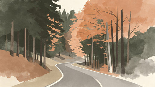 Painterly autumn forest landscape featuring a winding gray road, copper leaves, and deep forest green trees.