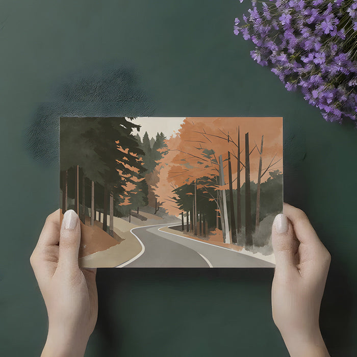 A home office workspace featuring the forest road mural as an inspiring wall backdrop.