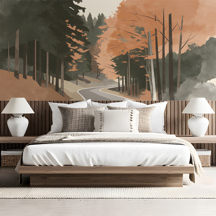 A calming bedroom interior with the seasonal woodland road mural on a large accent wall.