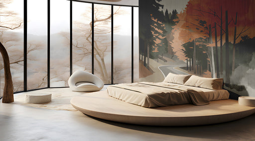 The autumn forest mural installed behind a minimalist wooden bed frame in a cozy bedroom.