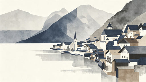 Watercolor landscape mural featuring an alpine lakeside village with charcoal mountains and blue roofs.
