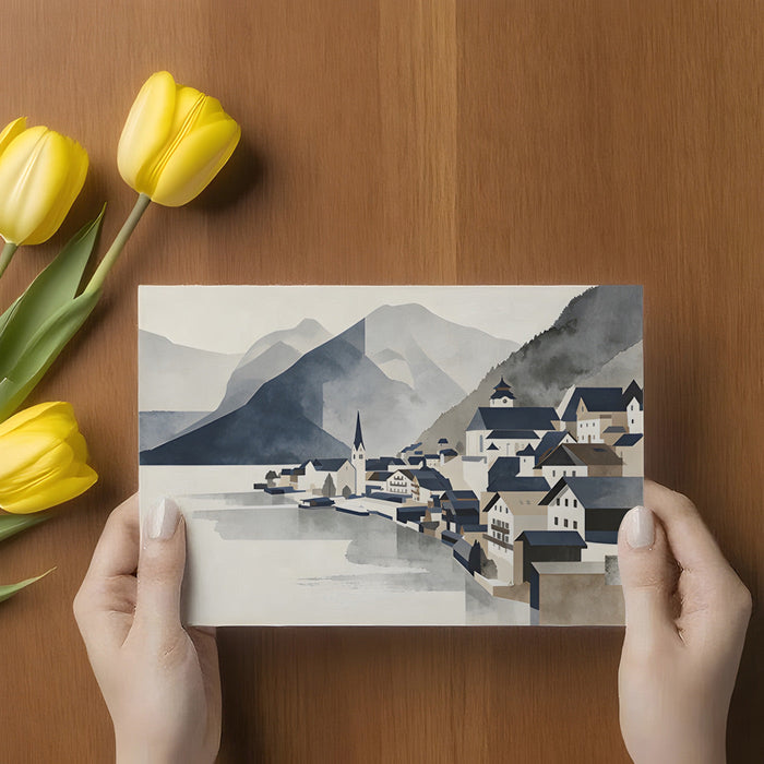 Bedroom wall featuring a calming alpine village watercolor mural behind a minimalist bed frame.