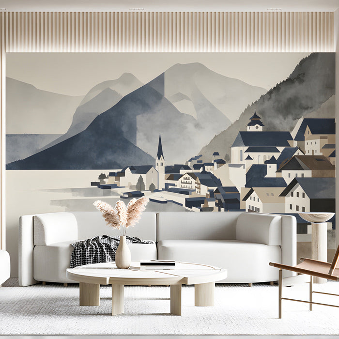 Living room interior with an artistic mountain lakeside scene mural as a sophisticated backdrop.