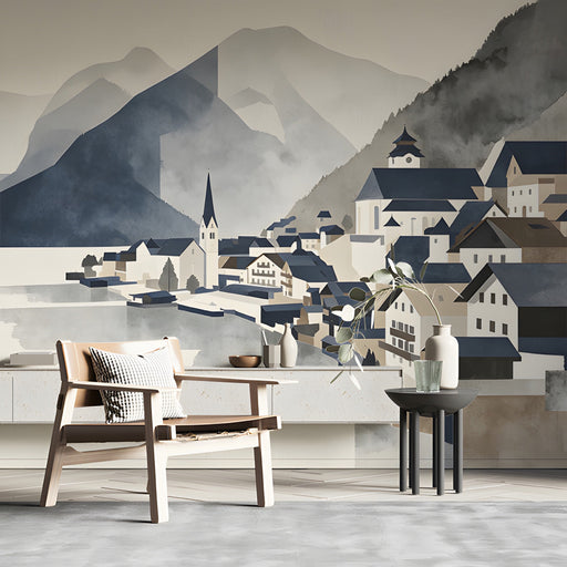 Study with a serene mountain village mural on the main wall behind a modern sofa.